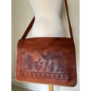 Vintage Leather Hand Tooled Camel Design Shoulder Bag